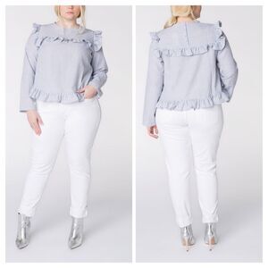 Lost Ink Blue/White Stripe Ruffle Blouse SzXL